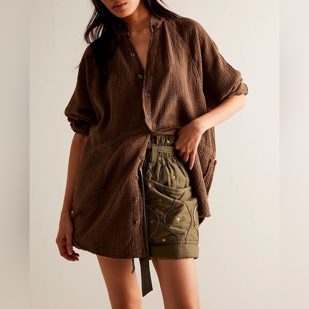 Free People Brown Button-Down Gauze Shirt